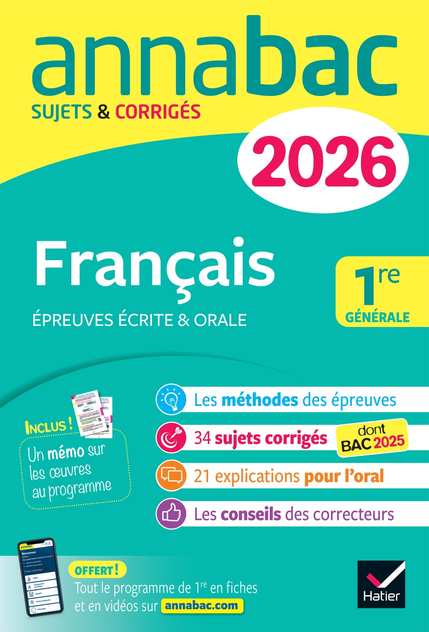 Annales du bac 2026 - Annabac Français 1re générale (bac de français écrit & oral): sujets corrigés sur les oeuvres au programme 2025-2026 9782401115224