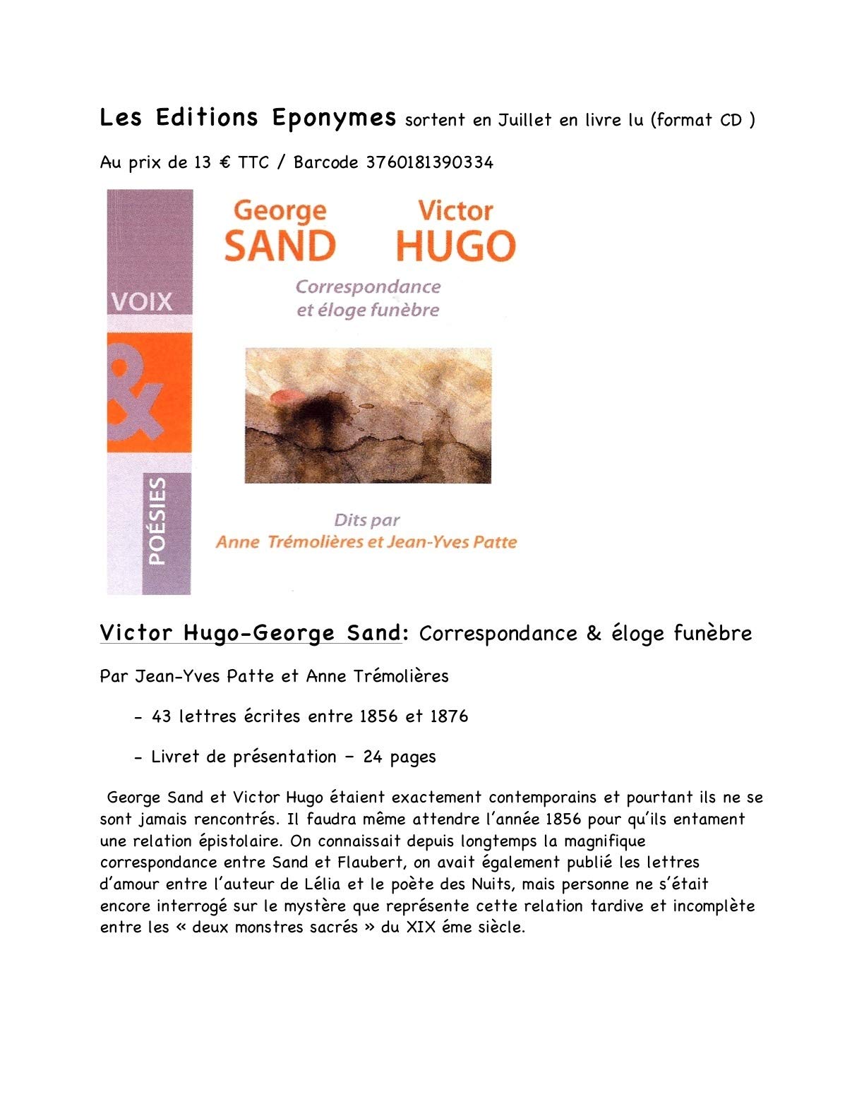 CORRESPONDANCE ET ELOGE FUNEBRE 3760181390334