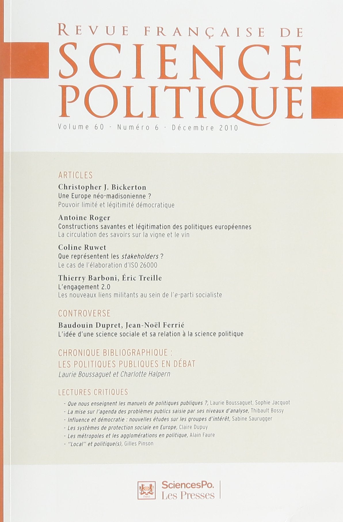 REVUE FRANCAISE DE SCIENCES POLITIQUES 60 T6 9782724631876