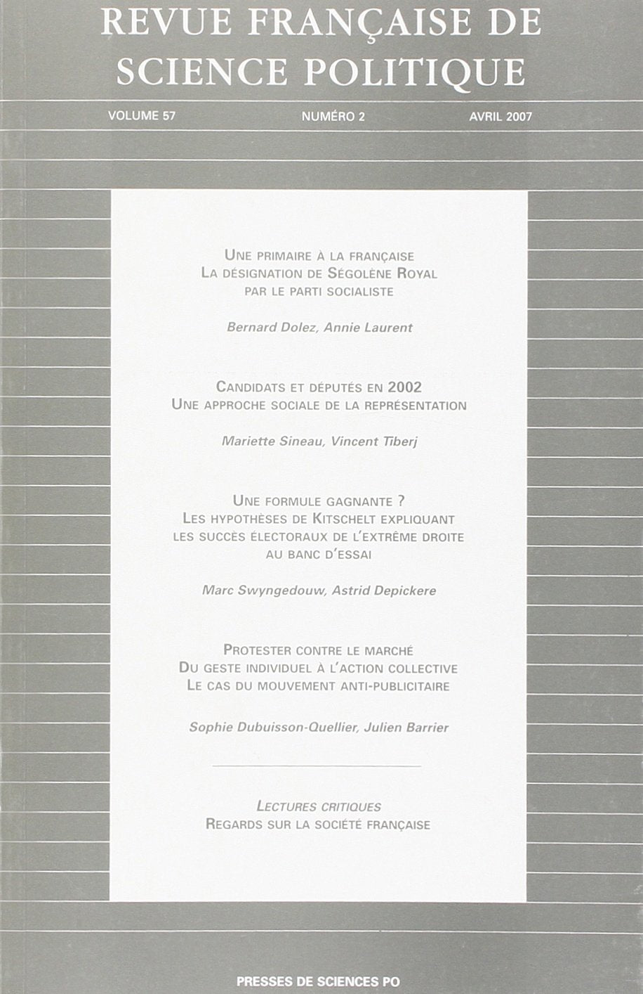 Revue Française de Science Po Vol57 T2 Avril 2007 9782724630879