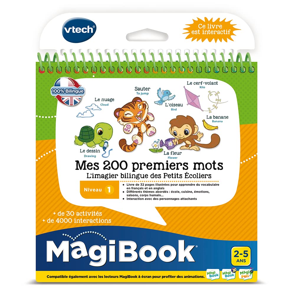 VTech - MagiBook, Livre Éducatif Enfant Niveau 1 Mes 200 Premiers Mots, Imagier Bilingue, Pages Illustrées et Interactives, Cadeau Fille et Garçon de 2 Ans à 5 Ans - Contenu en Français et Anglais 3417764620059