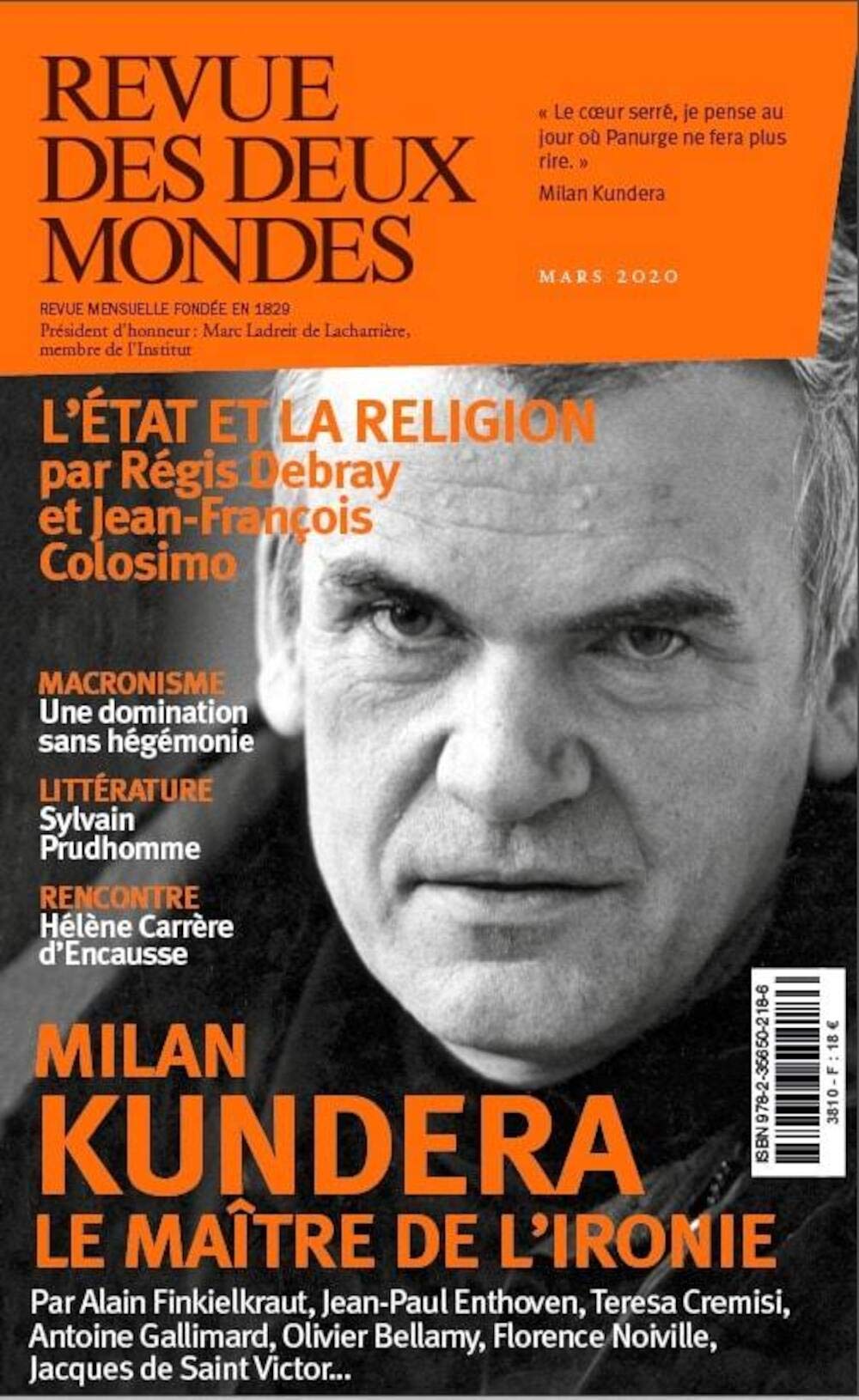 Revue des Deux Mondes Mars 2020: Milan Kundera 9782356502186