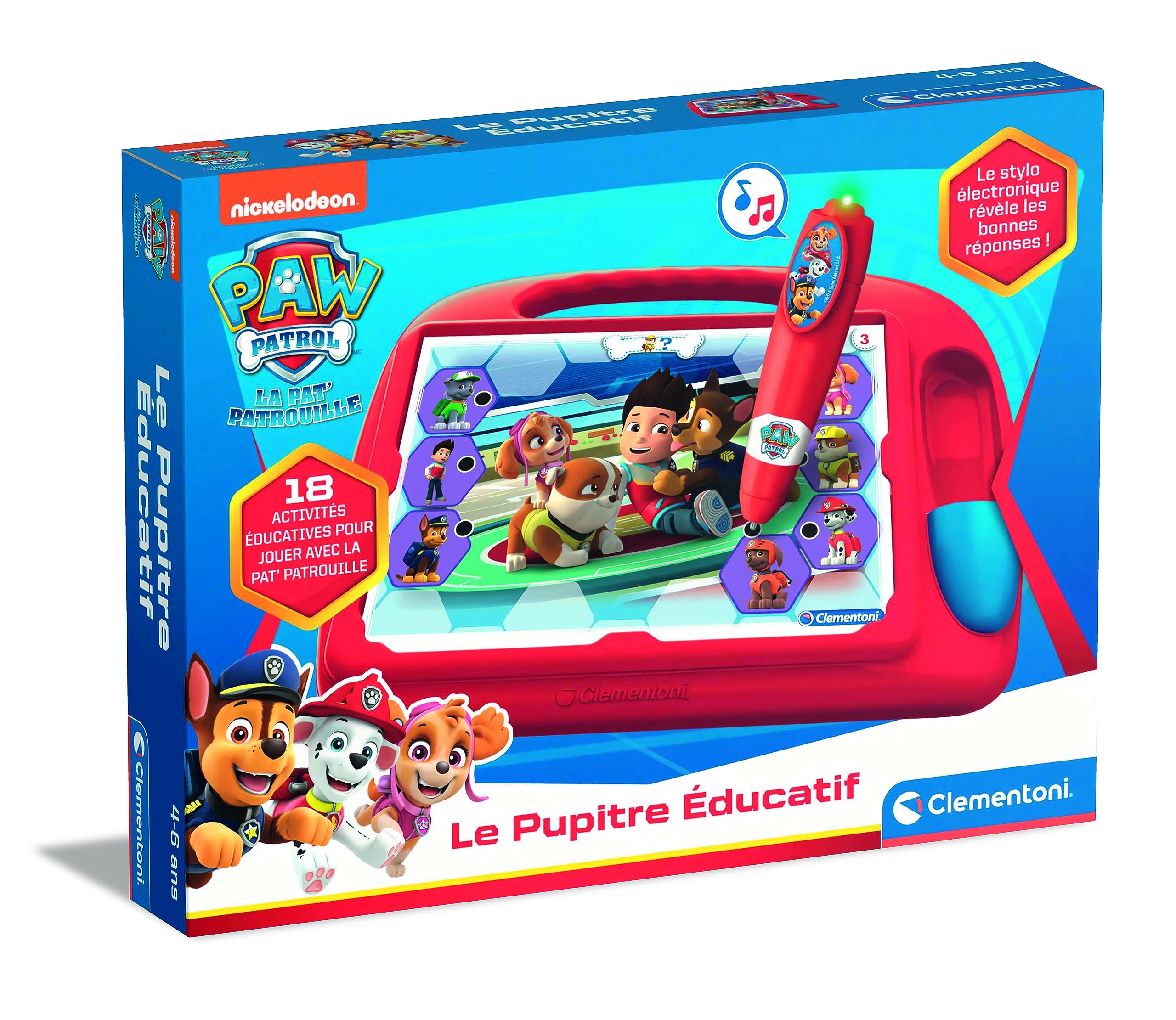 Clementoni | Pupitre Éducatif Interactif Pat’Patrouille pour Enfants 4–6 Ans | 18 Activités sur Fiches + Stylo Électronique Sonore et Lumineux | Apprentissage Couleurs, Formes, Logique | Idée Cadeau 8005125521425