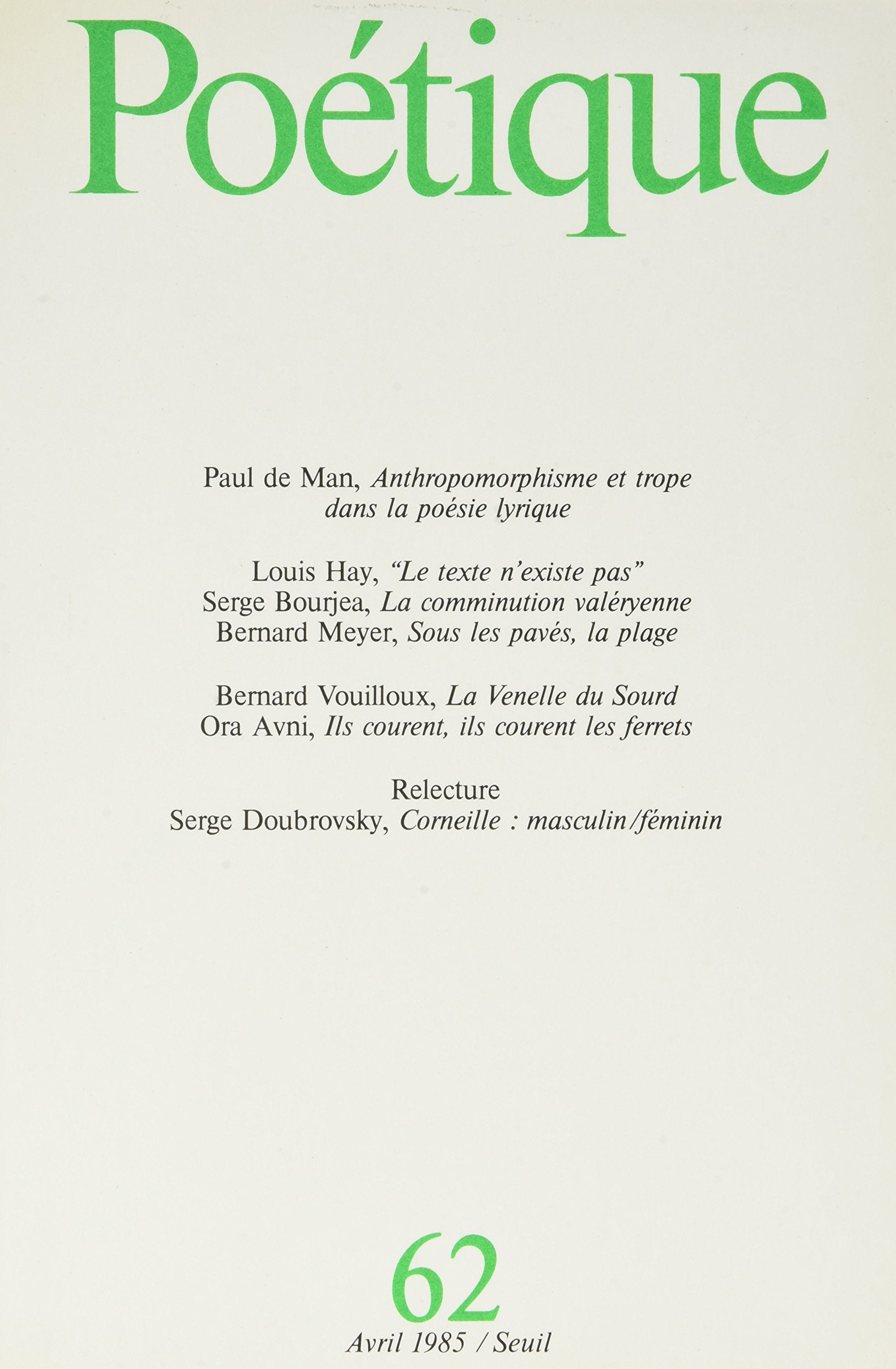 Poétique, numéro 62 9782020087278