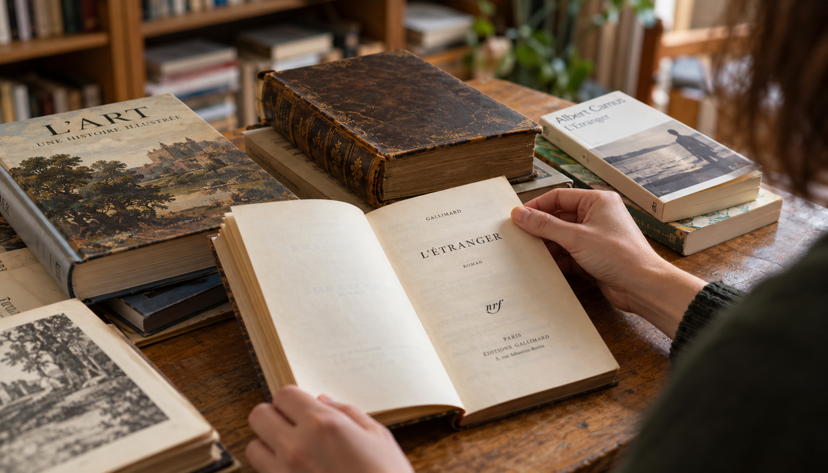 Livres anciens et récents examinés sur une table en bois