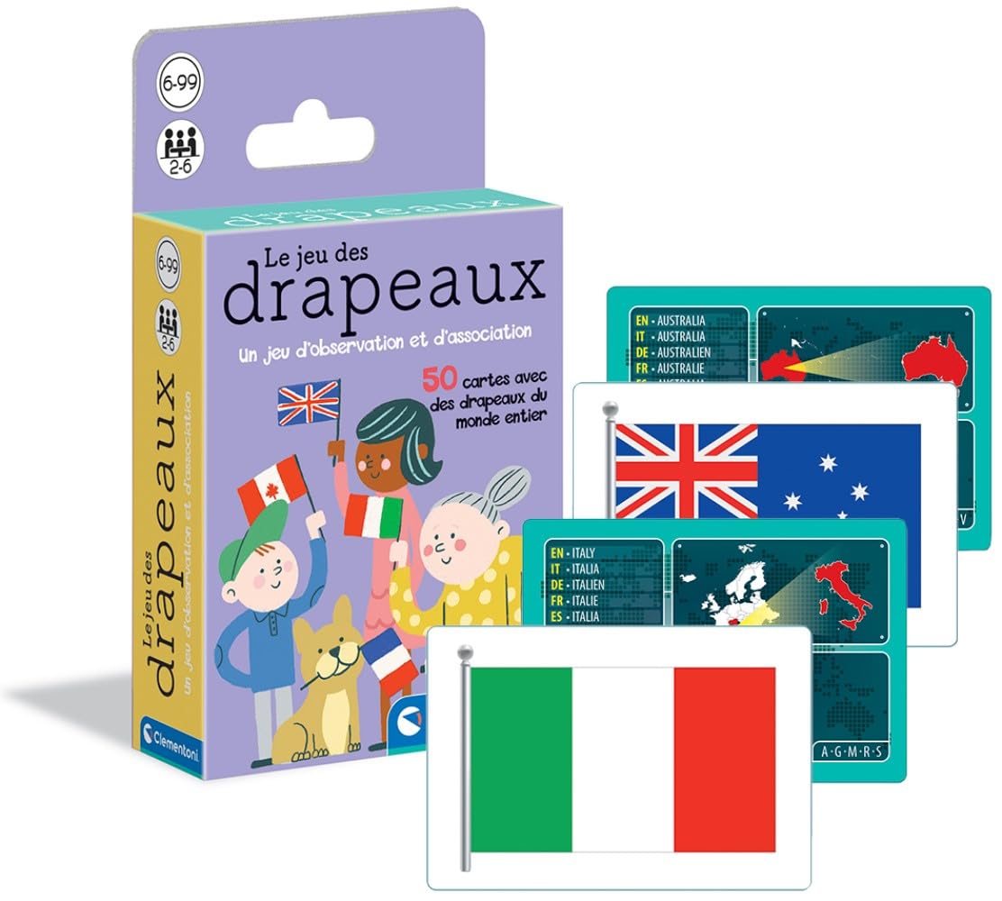 Clementoni | Jeu des Drapeaux – Jeu de Société Éducatif pour Filles et Garçons 6 Ans+ | 50 Cartes Pays | Observation et Association | Culture Générale | Apprentissage Géographie 8005125525416