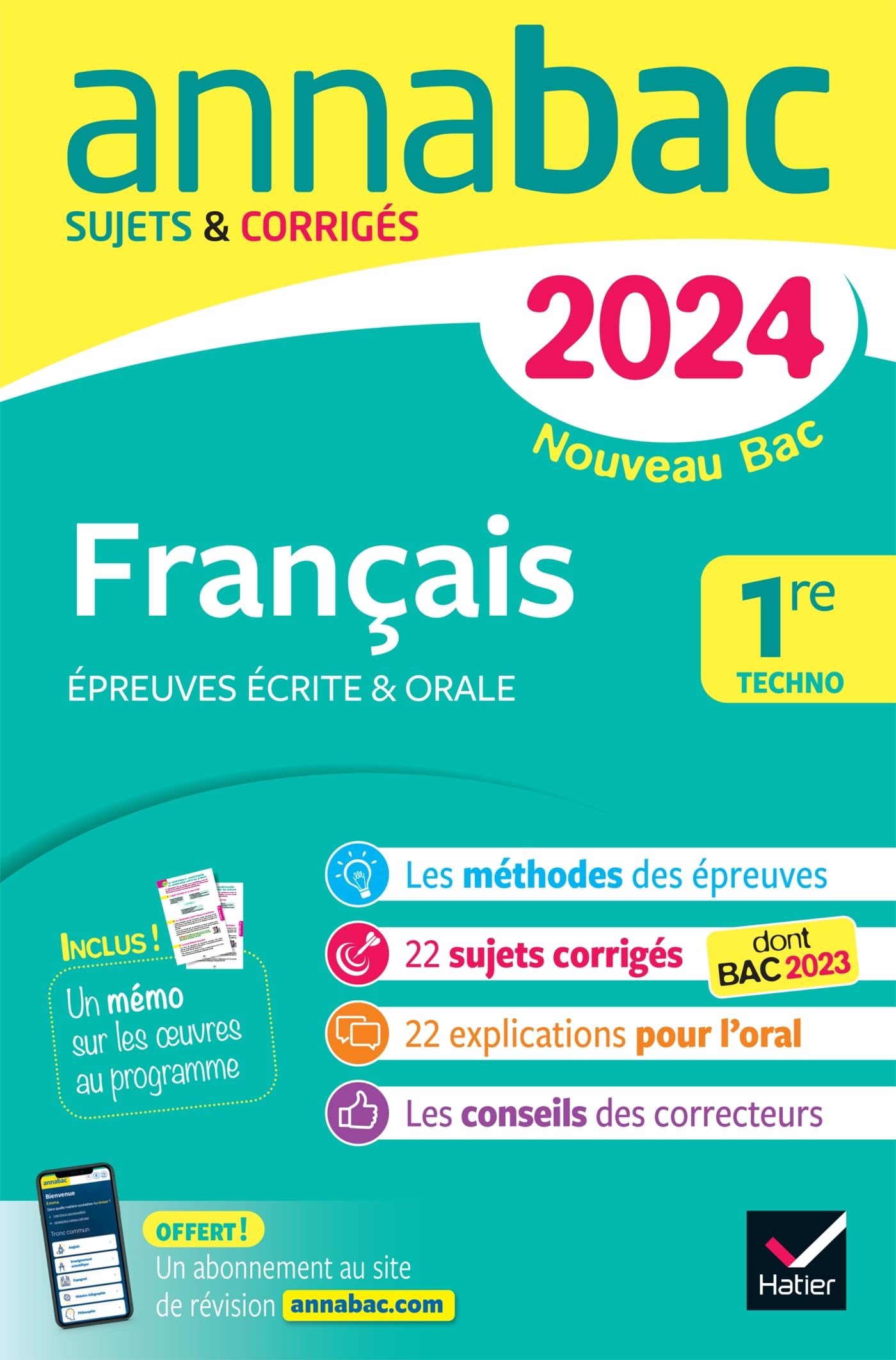 Annales du bac Annabac 2024 Français 1re technologique (bac de français écrit & oral): sur les oeuvres au programme 2023-2024 9782278105779