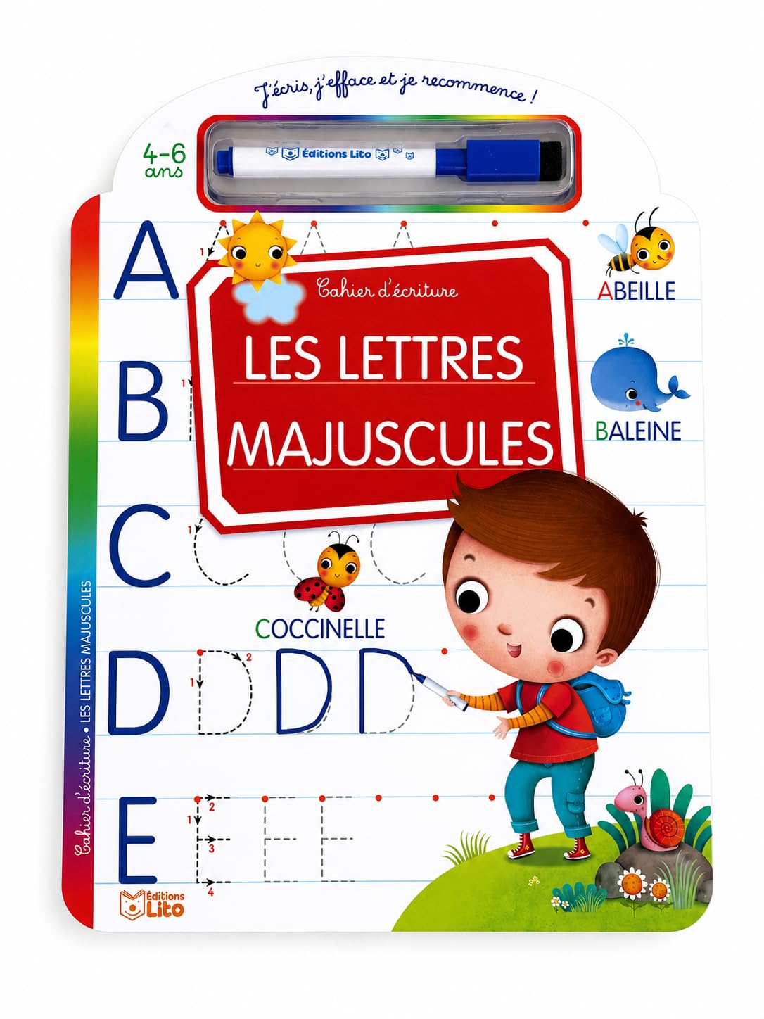 Cahier écriture majuscules 4 ans – Les lettres majuscules – Cahier effaçable avec feutre, apprendre les lettres capitales, pointillés et premiers mots 9782244805849