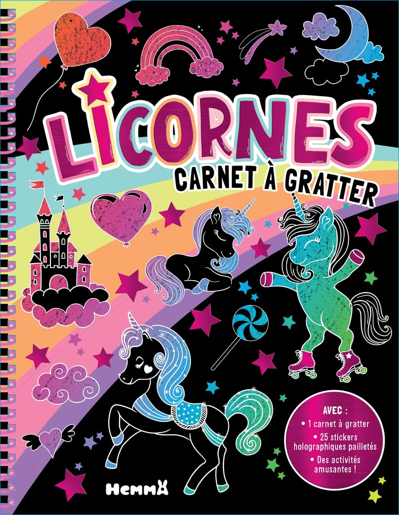 Carnets à gratter - Licornes – Coloriage - cartes à gratter – livre d'activités - 5 ans – autocollants - stickers holographiques - idée cadeau - idée cadeau enfant - Livre de coloriage et de jeux – l 9782508060786