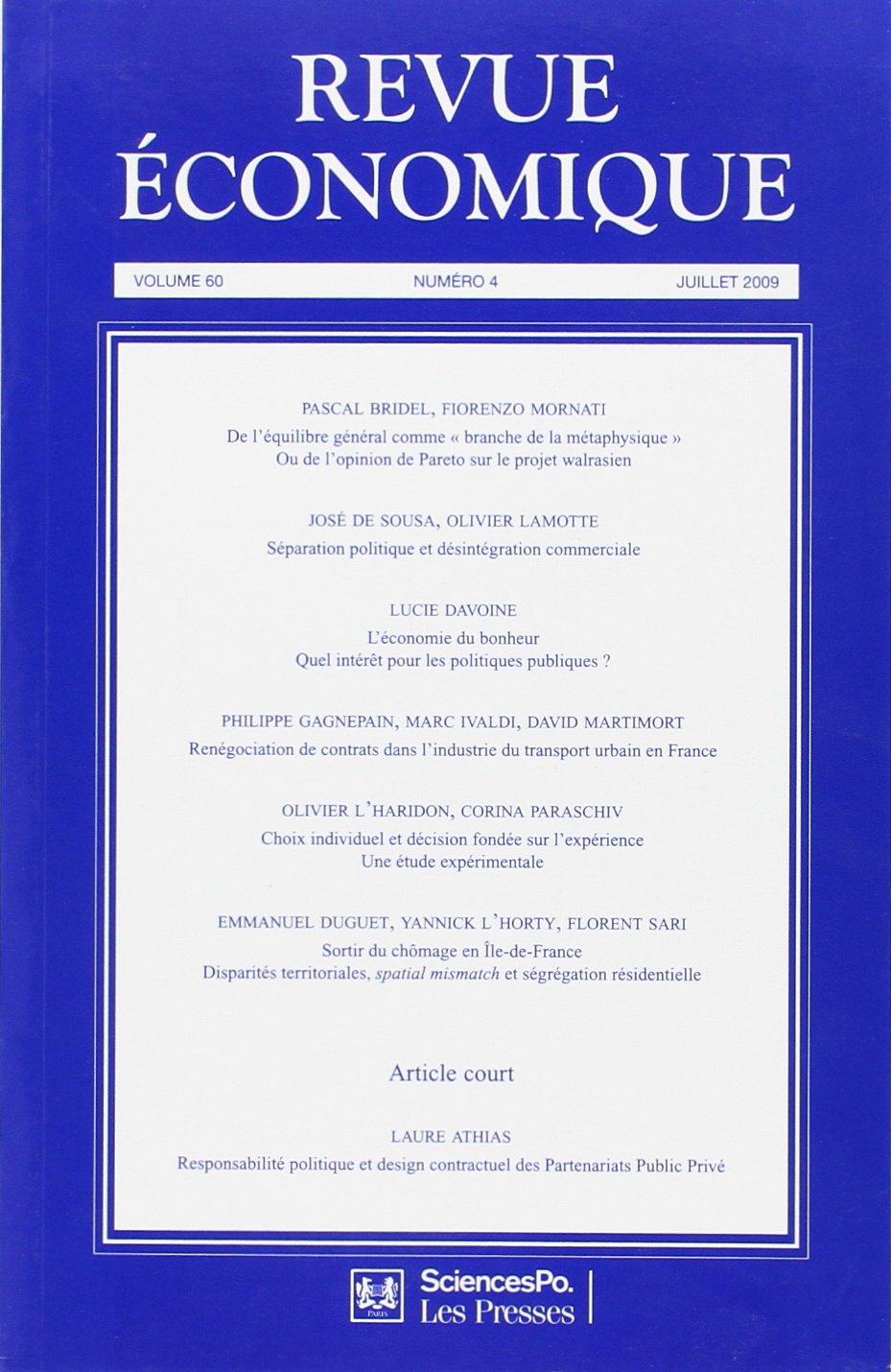 Revue Economique Vol 60 T4 9782724631395