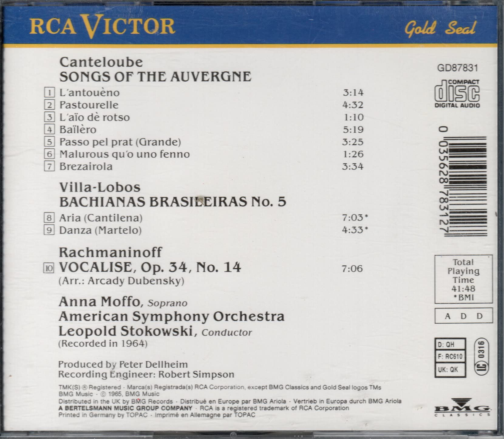 Canteloube : Songs of the Auvergne - Villa-Lobos : Bachianas Brasileiras - Rachmaninoff : Vocalise 0035628783127