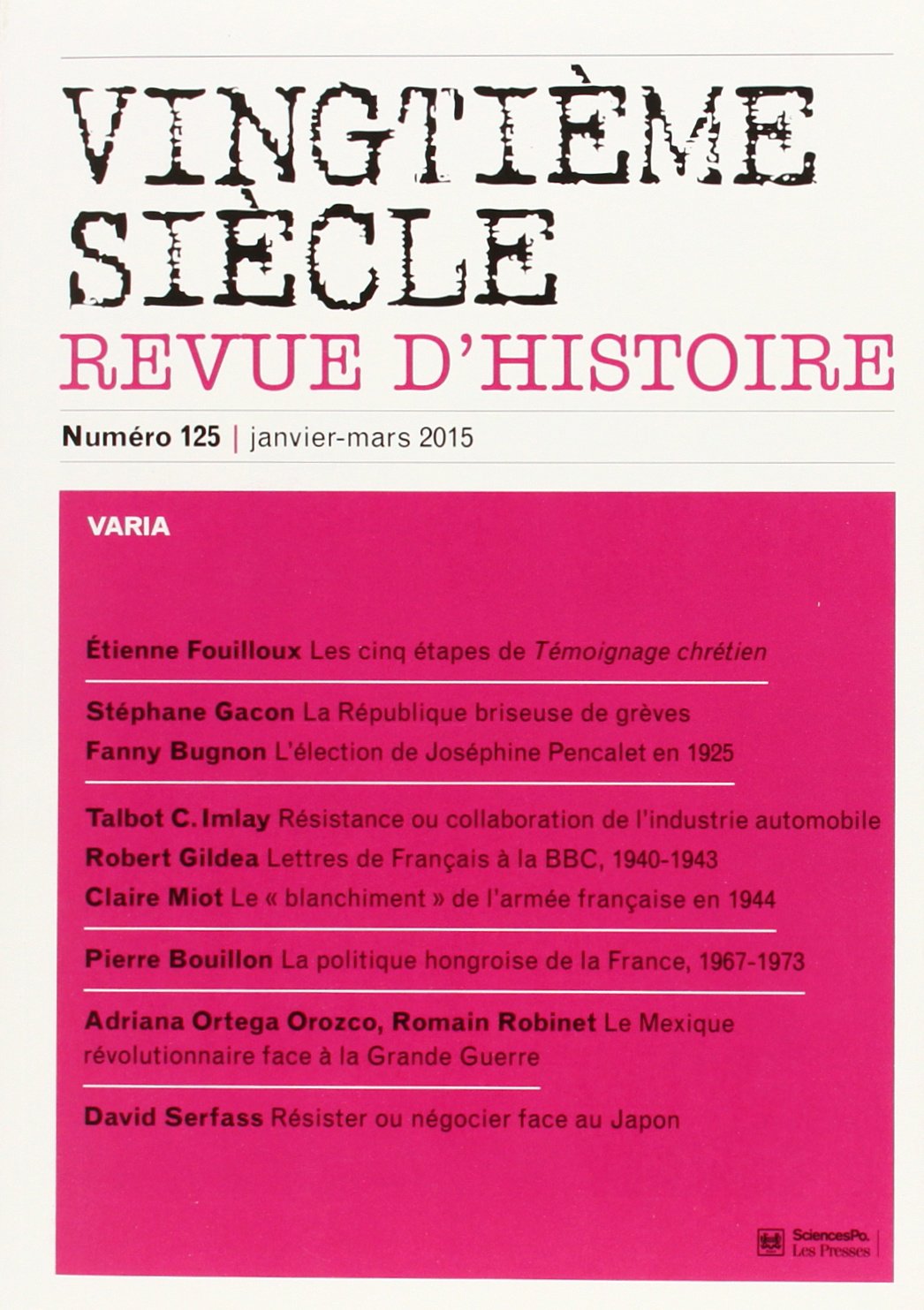 Vingtième siècle 125, janvier-mars 2015 9782724634327