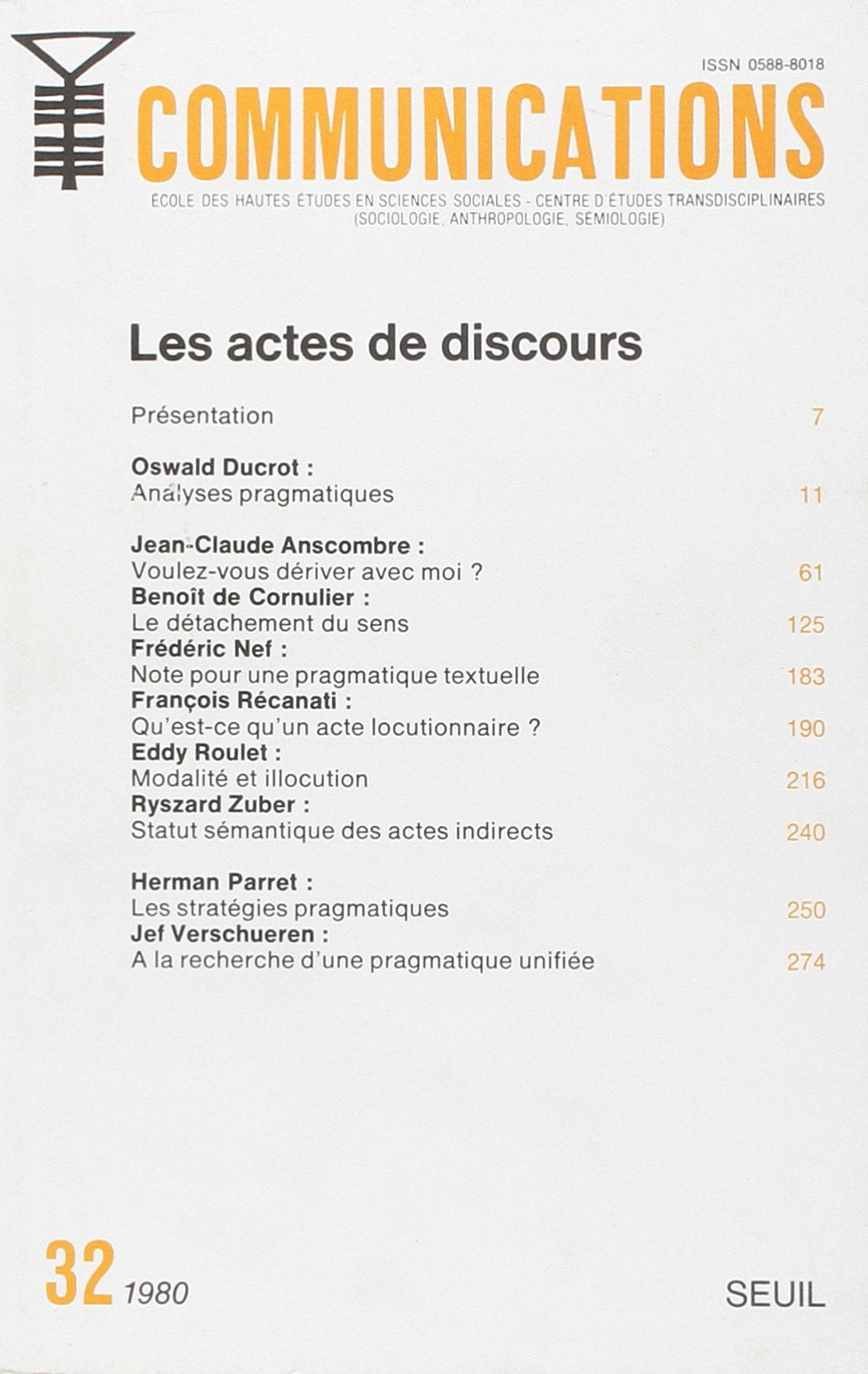 Communications, n° 32, Les Actes de discours 9782020055468