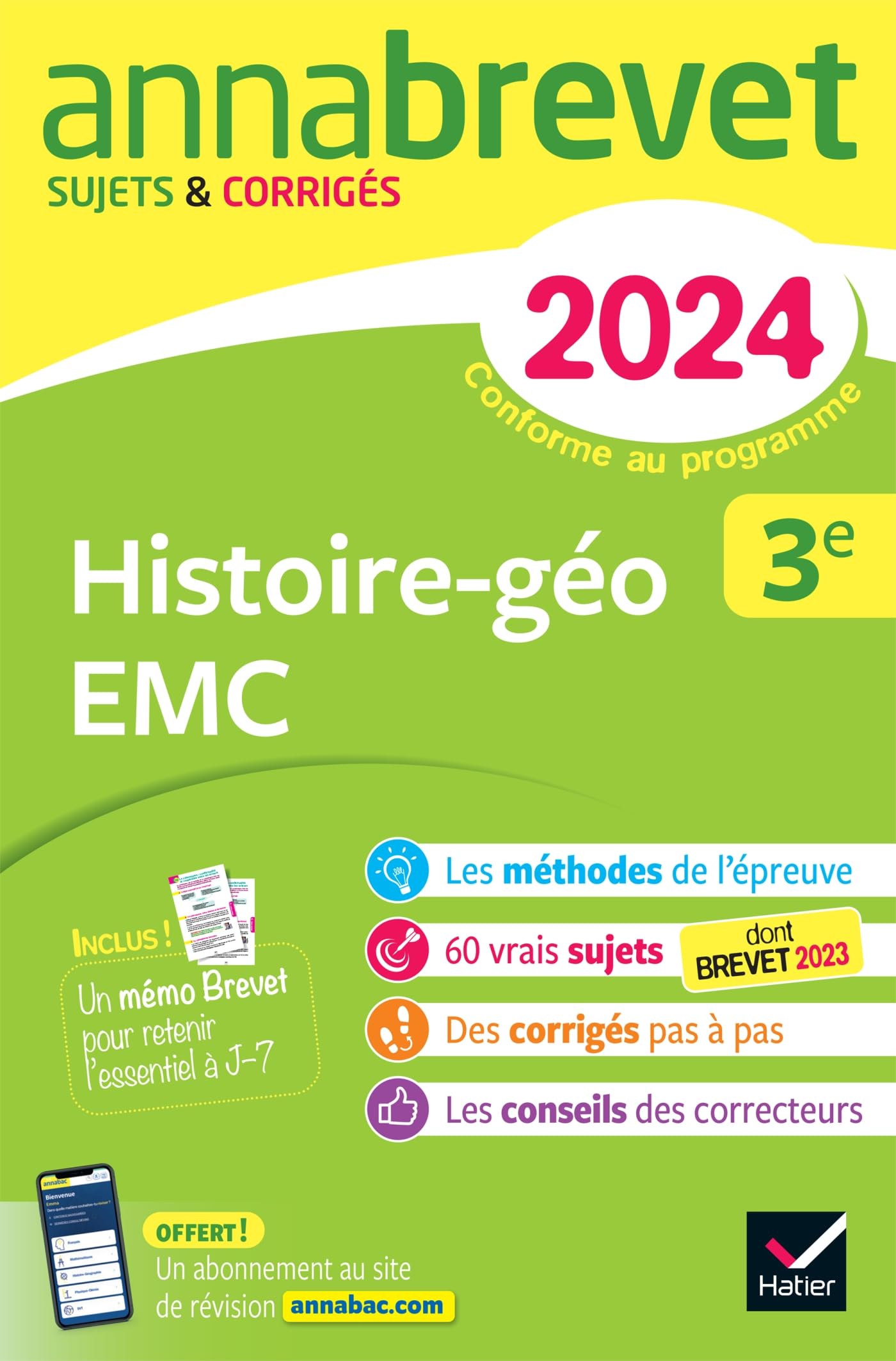 Annales du brevet Annabrevet 2024 Histoire-géographie EMC 3e: sujets corrigés & méthodes du brevet 9782278105830