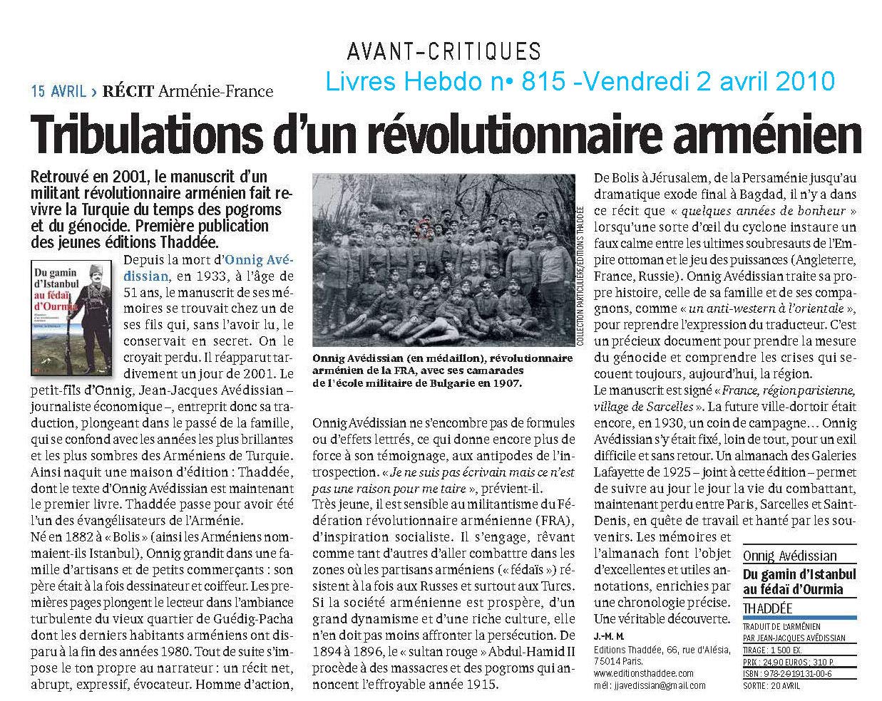 Du gamin d'Istanbul au fédaï d'Ourmia : Mémoires d'un révolutionnaire arménien 9782919131006