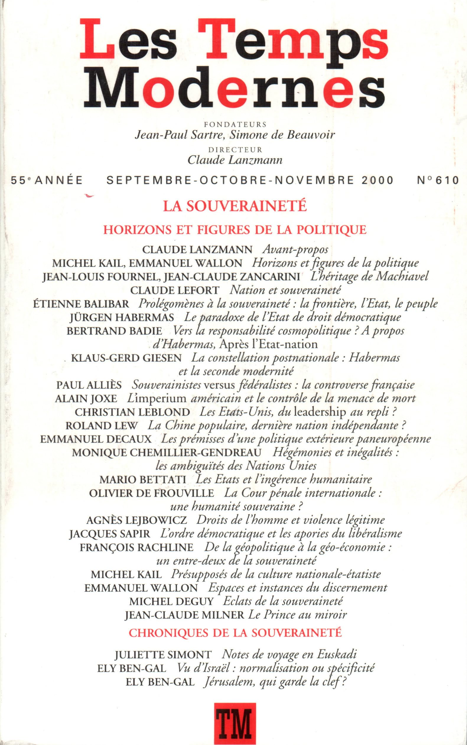 Les Temps modernes, numéro 610, octobre 2000 9782070759910