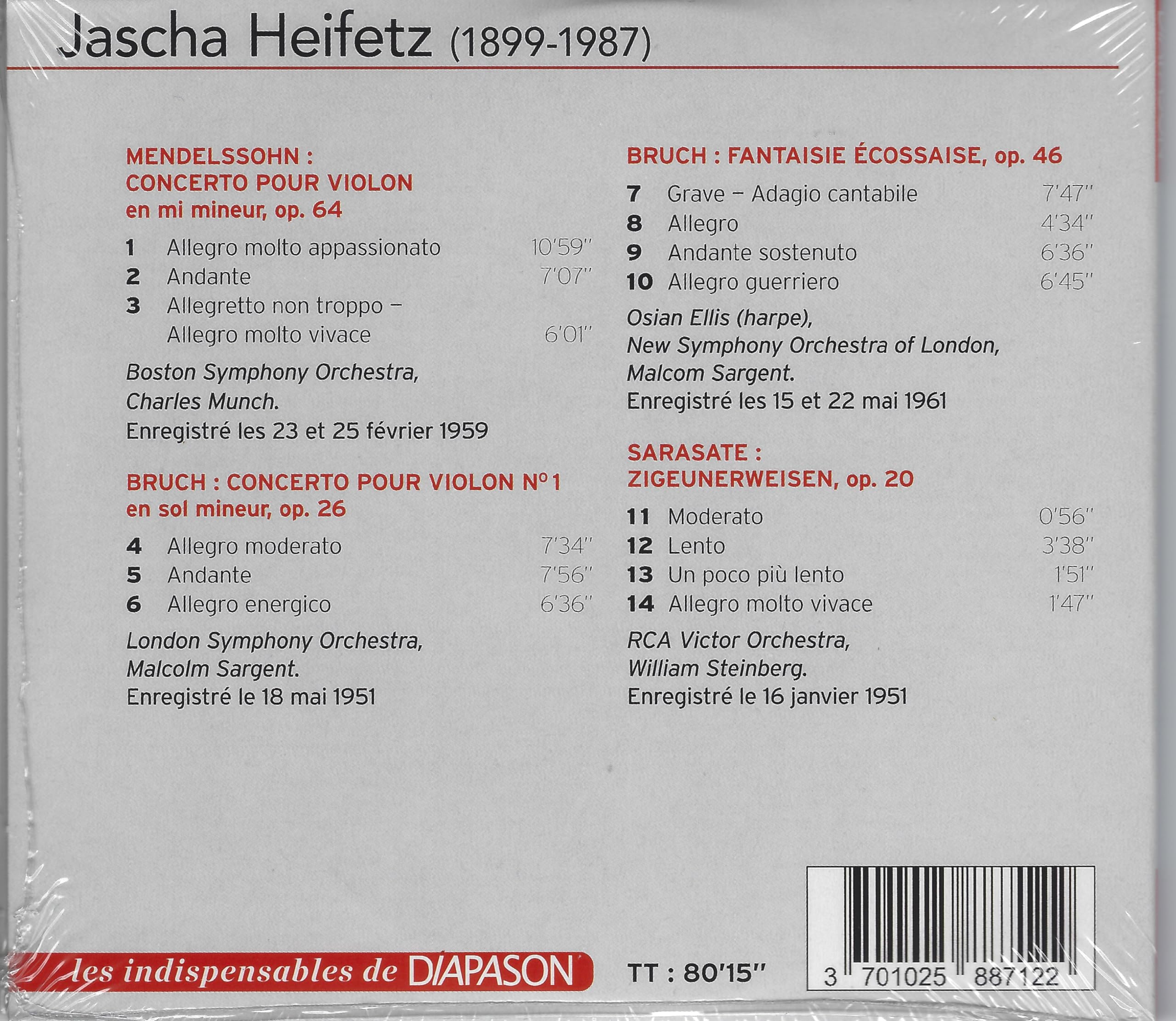 Jascha Heifetz Joue Mendelssohn Bruch et Sarasate 3701025887122