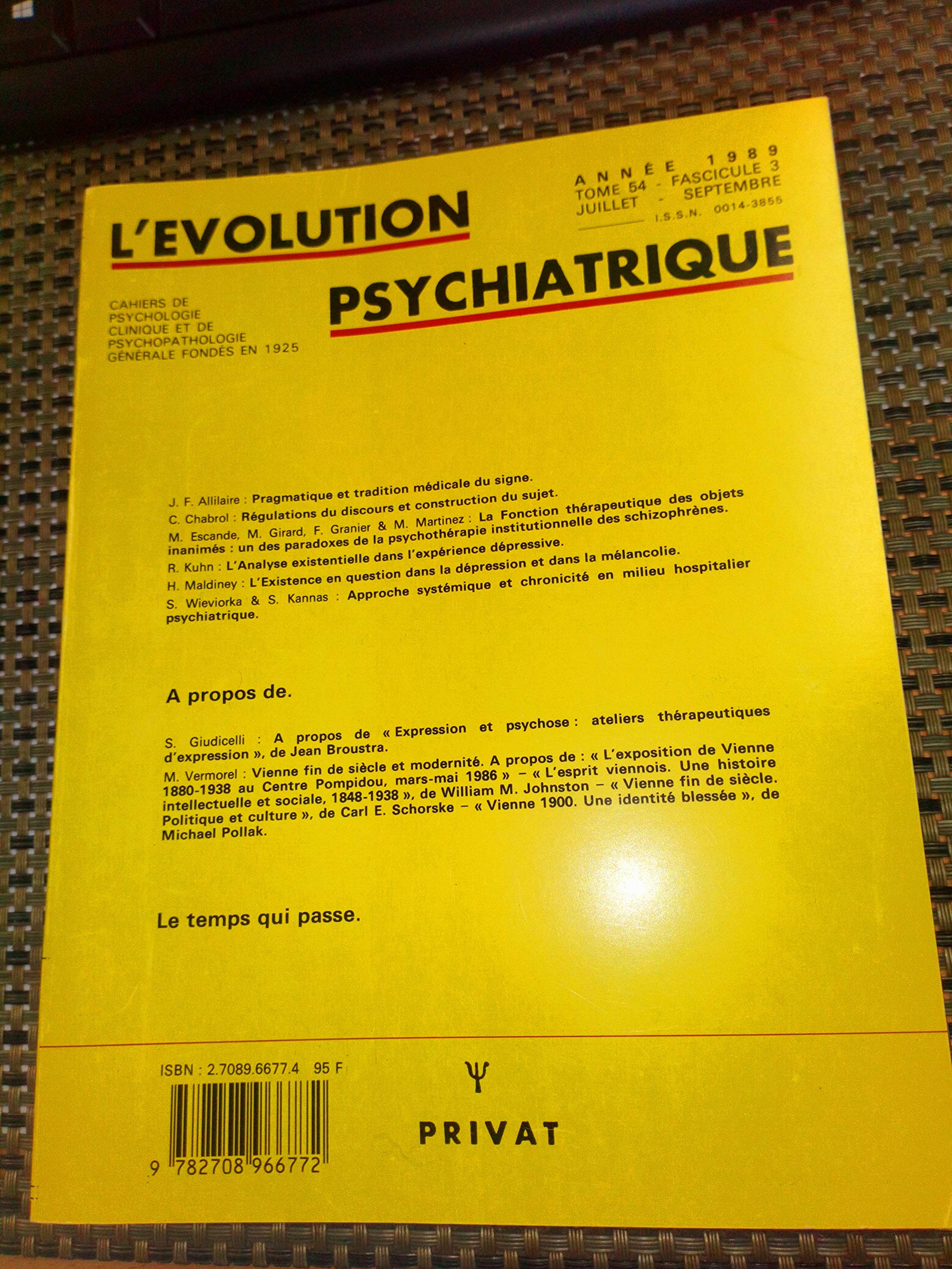 L'evolution psychiatrique, tome 54, fasc. 3, juillet-sept. 1989 9782708966772