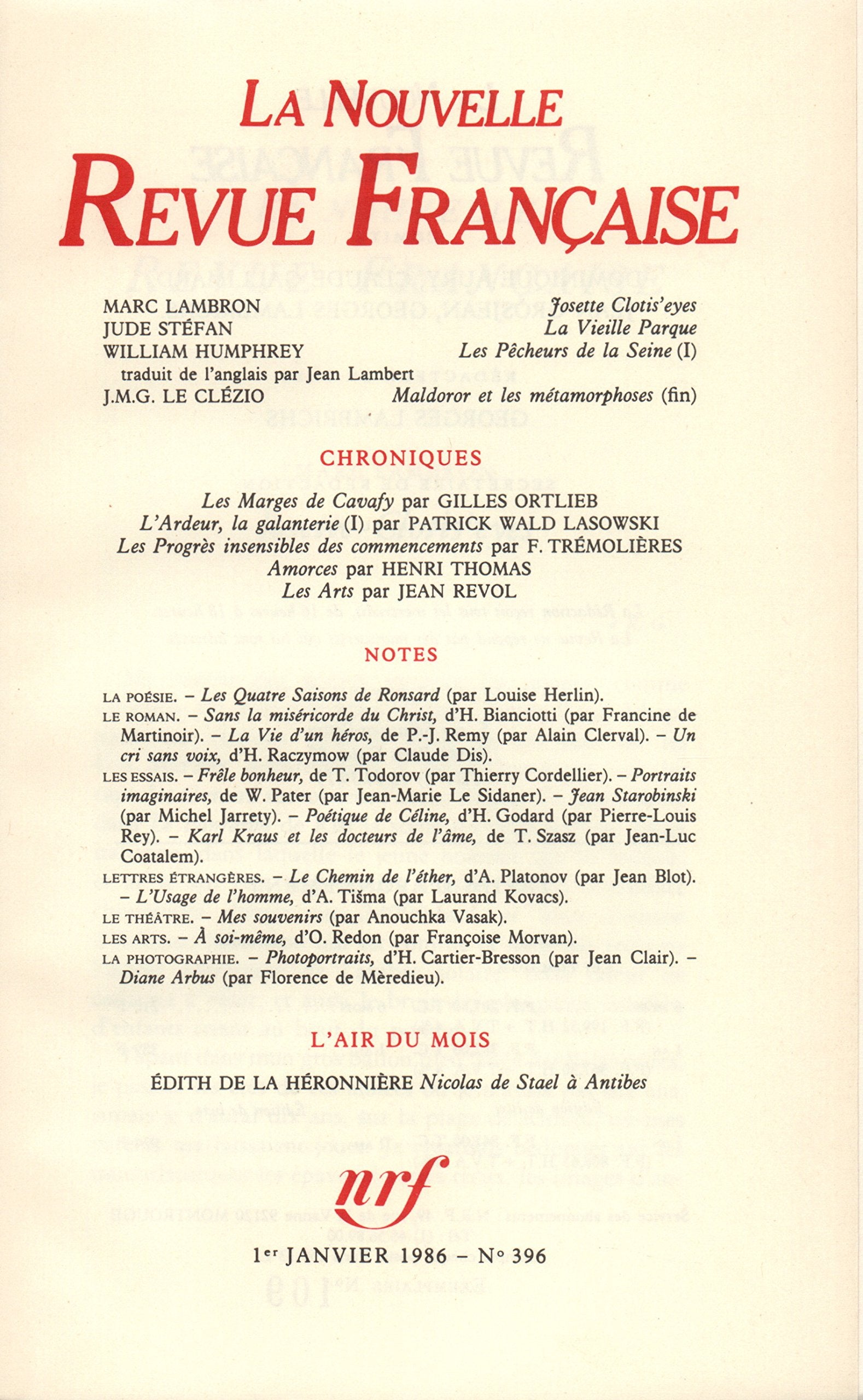 La N.R.F. numéro 396, janvier 1986 9782070705801